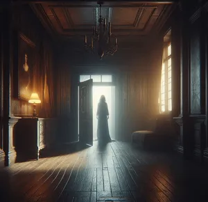 woman entering dark room in creepy house with dread