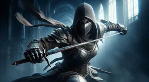 armored female assassin sword swing