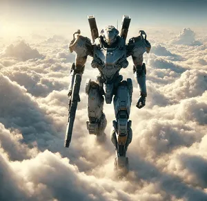 the mech warrior walking amongst the clouds pure white background