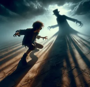 young boy casting huge scary long shadow with dread