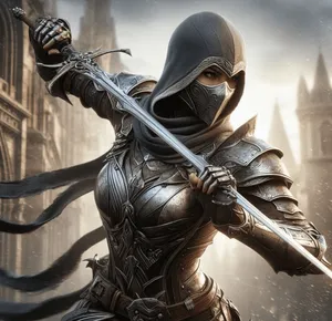 armored female assassin sword swing