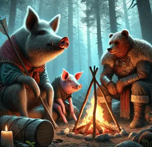 anthromorphic pig and bear adventurers around camp fire