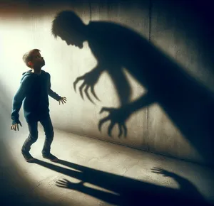 young boy casting huge scary long shadow with dread
