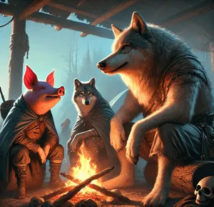 anthromorphic pig and wolf adventurers around camp fire