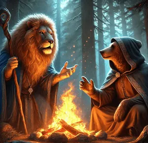 anthromorphic lion sorcerer and bear monk around camp fire