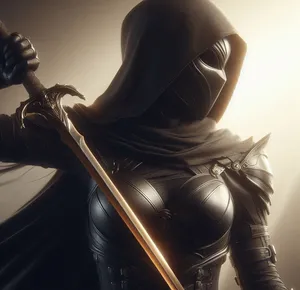 matte black armor female assassin body, no mask, warm amber sword swing