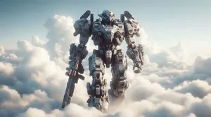 the mech warrior walking amongst the clouds pure white background