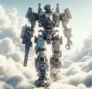the mech warrior walking amongst the clouds pure white background