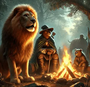 anthromorphic lion and bear adventurers around camp fire