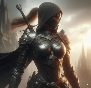 armored female assassin body matte black armor, warm amber sword swing