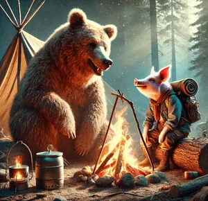 anthromorphic pig and bear adventurers around camp fire