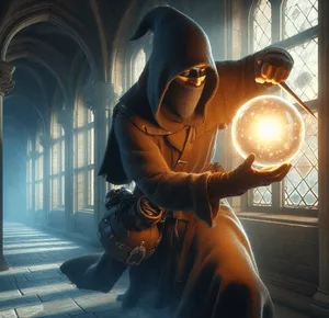 thief stealing orb from wizard's room in castle torch light