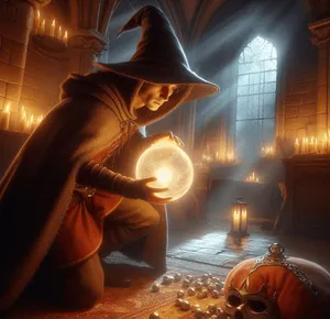thief stealing orb from wizard's room in castle torch light