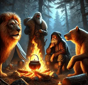 anthromorphic lion and bear adventurers around camp fire