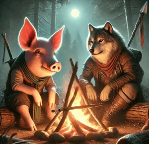 anthromorphic pig and wolf adventurers around camp fire