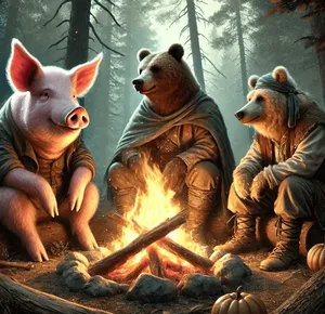 anthromorphic pig and bear adventurers around camp fire