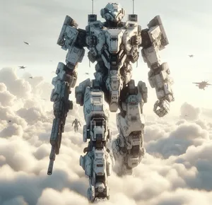the mech warrior walking amongst the clouds pure white background