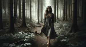woman walking alone in woods with sense of dread