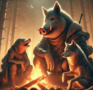 anthromorphic pig and wolf adventurers around camp fire
