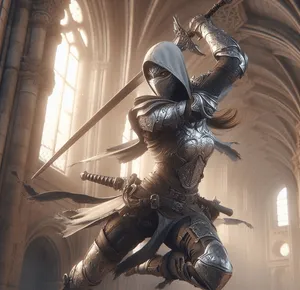 armored female assassin sword swing