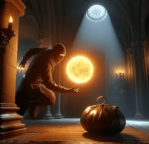 thief stealing orb from wizard's room in castle torch light