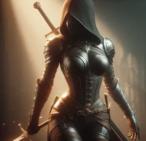armored female assassin body matte black armor, warm amber sword swing