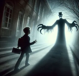 young boy casting huge scary long shadow with dread