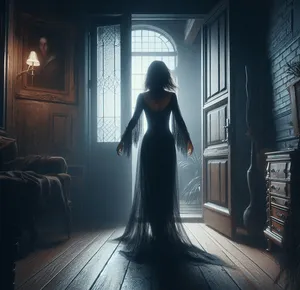 woman entering dark room in creepy house with dread