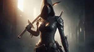 matte black armor female assassin body, no mask, warm amber sword swing