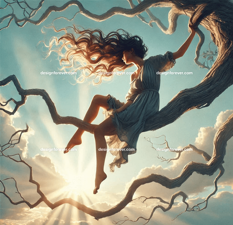 against pale blue sky, girl with legs dangling on tree branch flowing hair