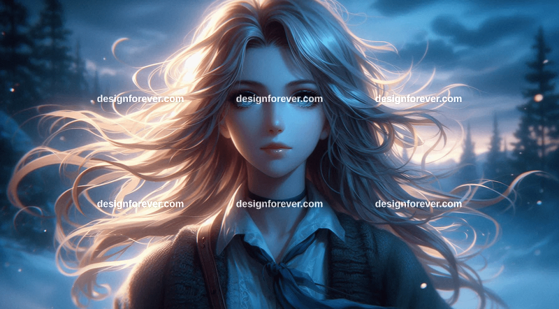 with a pale blue sky, a young girl with beautiful flowing hair in air