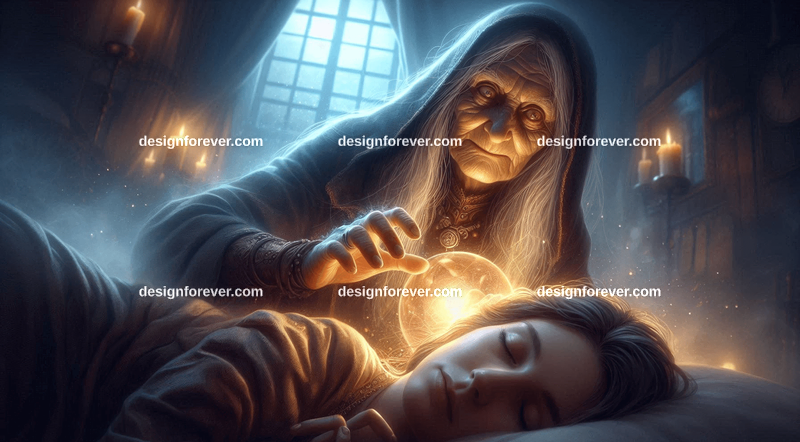 a old sorceress casting spell on sleeping young woman and stealing her life force