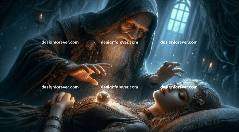a old sorceress casting spell on sleeping young woman and stealing her life force