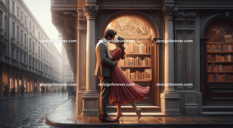 a kiss on street in front of old book store window