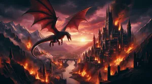 A dragon soaring over a medieval city as flames erupt from the castle below, the sky a deep crimson – Epic fantasy storytelling reminiscent of John Howe's detailed Middle