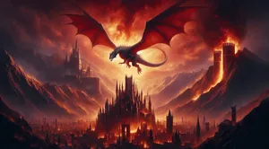 A dragon soaring over a medieval city as flames erupt from the castle below, the sky a deep crimson – Epic fantasy storytelling reminiscent of John Howe's detailed Middle