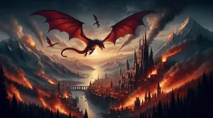 A dragon soaring over a medieval city as flames erupt from the castle below, the sky a deep crimson – Epic fantasy storytelling reminiscent of John Howe's detailed Middle