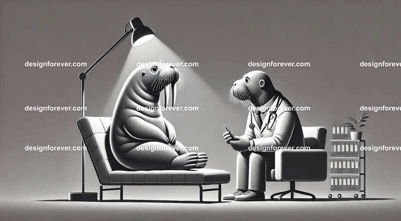 Anthropomorphs walruses as psychiatrist talking to patient on couch