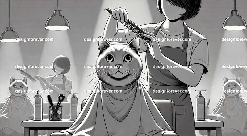 Anthropomorphs cats as hair dressers