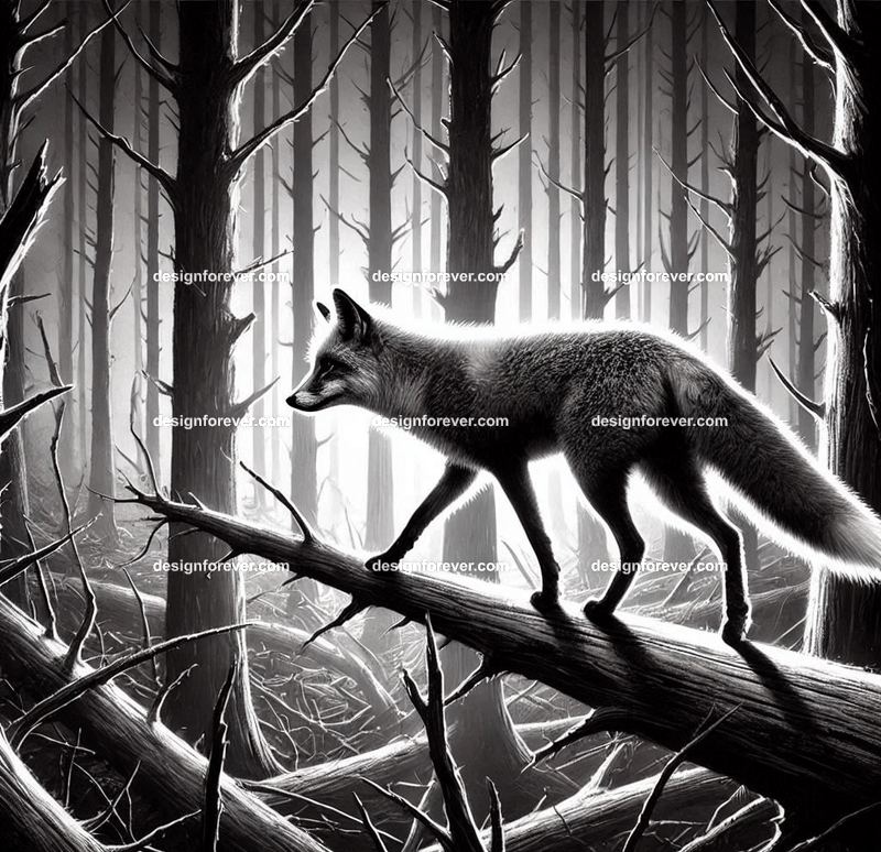 A fox navigating a creep black and white forest and dead trees