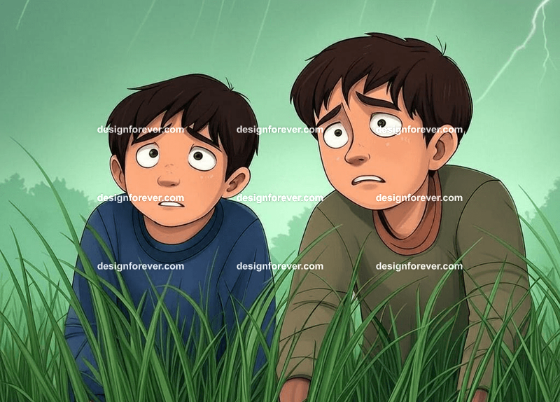 2 teens peering through stalks of grass in forest hunted by poachers