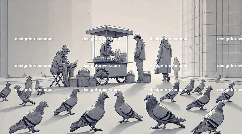 Anthropomorphs pigeons as street vendors