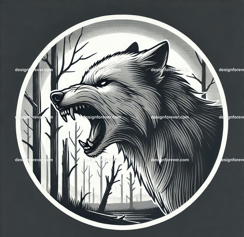 round frame depicting A wolf baring its teeth in a creepy forest with dead trees