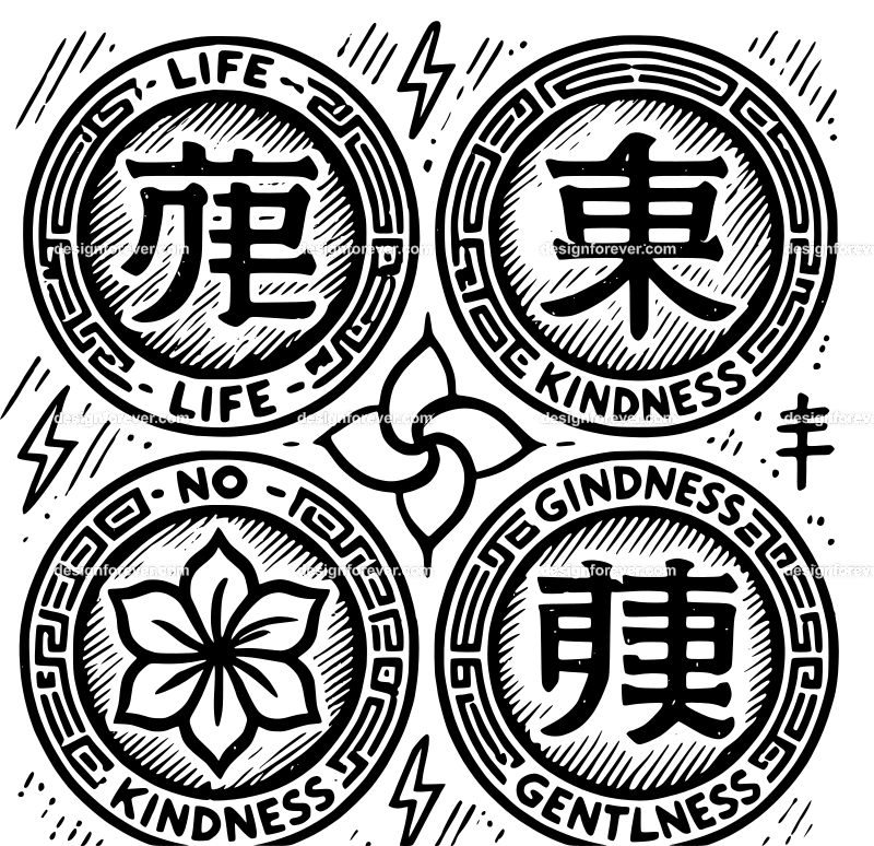 chinese seals in red with chinese words life, kindness, gentleness