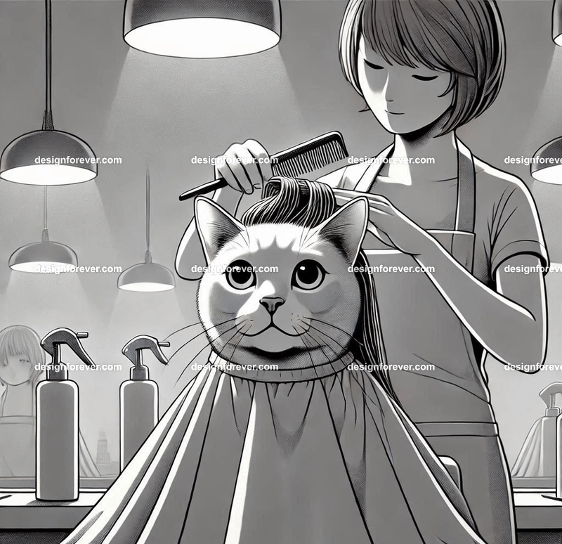 Anthropomorphs cats as hair dressers