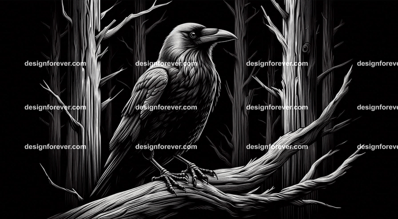 crow on a dead branch in creepy dark woods with dead trees