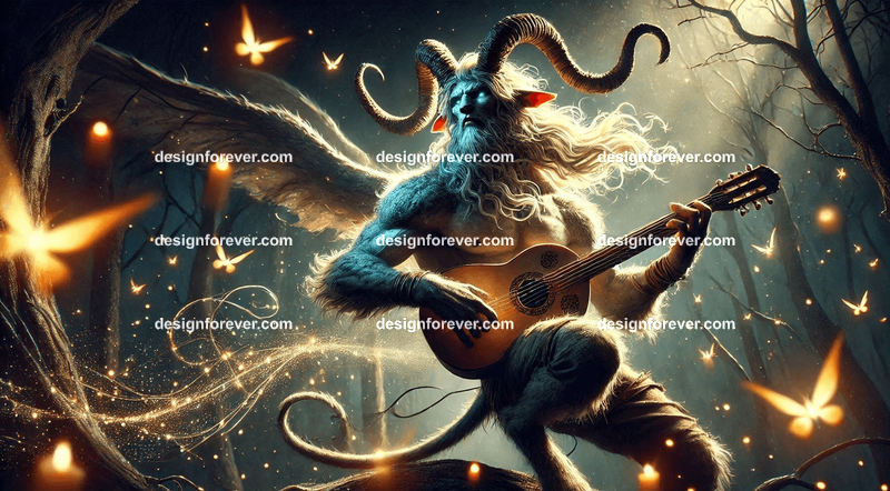 Satyr with a lute, playing music in an enchanted forest, surrounded by glowing fireflies