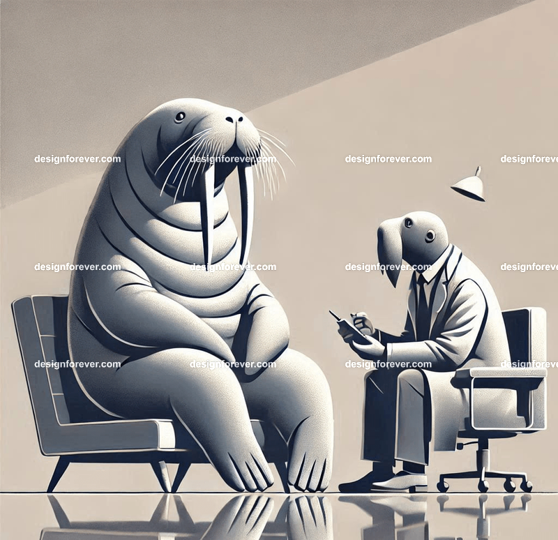 Anthropomorphs walruses as psychiatrist talking to patient on couch