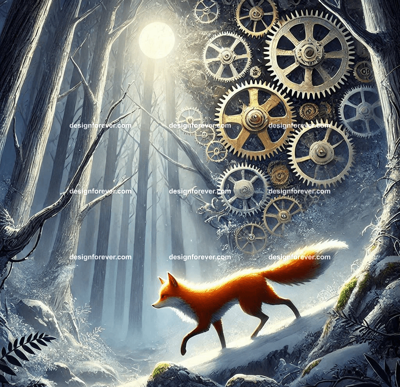 A fox navigating a forest where the trees have clockwork mechanisms, with gears glowing faintly in the moonlight