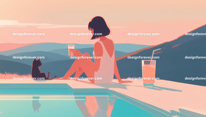 young woman relaxing next to pool with drink